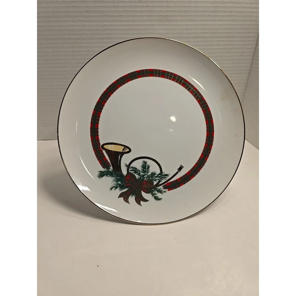 VTG‎ GEORGE BRIARD THE HUNT WINTER CAKE PEDESTAL PLAID GOLD HORN